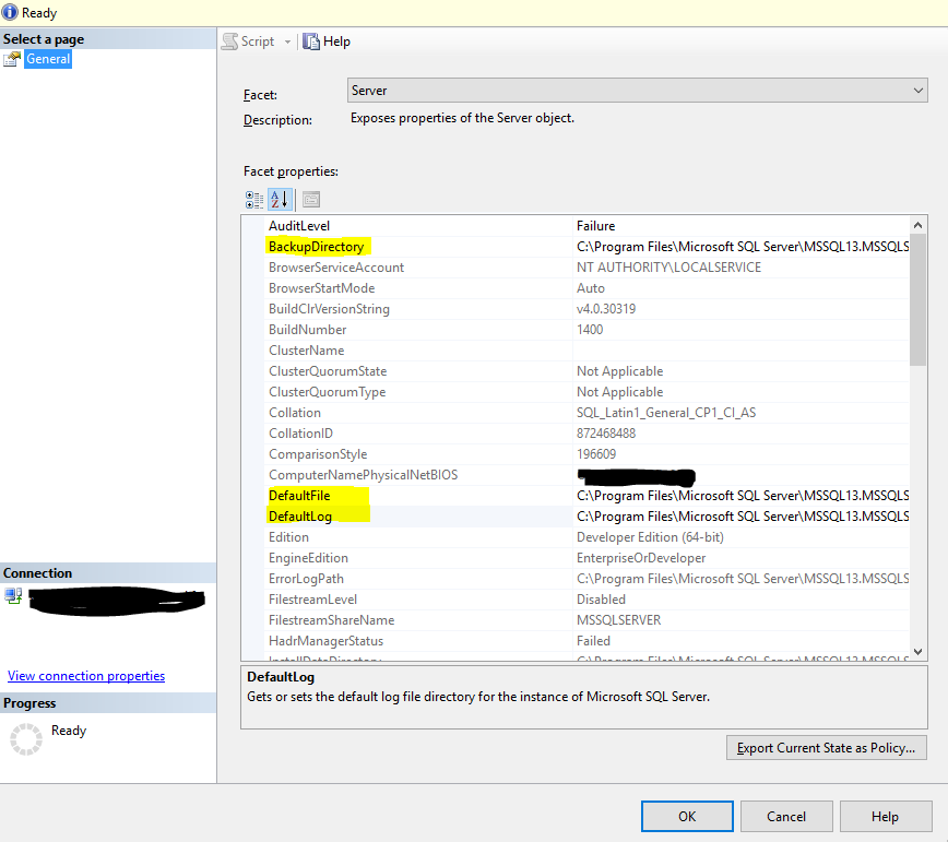 SQL Server Facets Setting